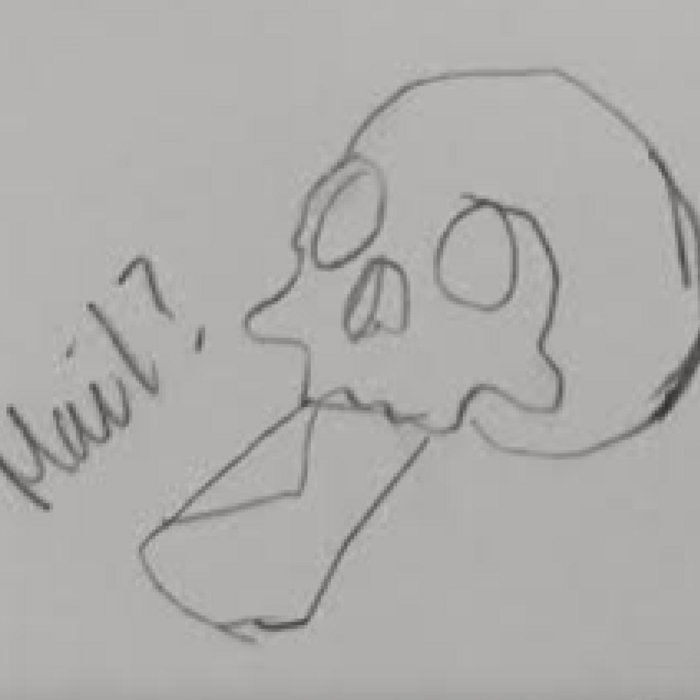 hand drawn skull on a grey paper like background. Text next to the skull saying mail?